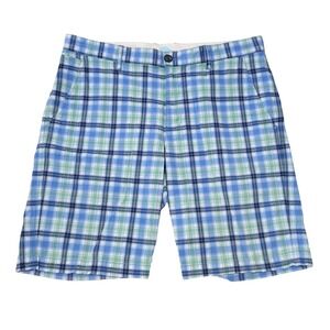 Tommy Bahama Casual Seersucker Shorts Mens‎ 33 Blue Green Plaid Cotton Stretch